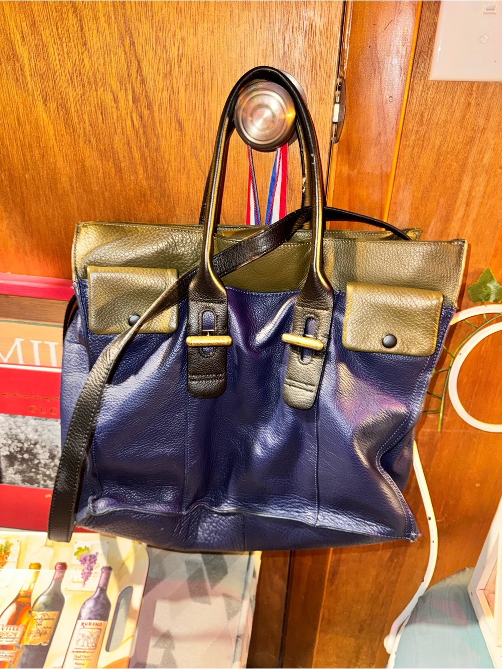 Kelsi dagger Two-Tone Navy and Olive Leather Tote Bag